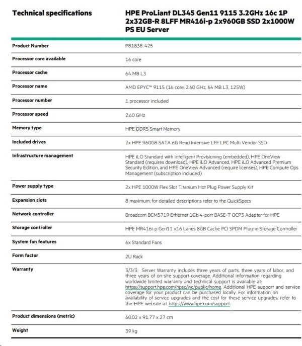 HPE PL DL345g11 AMD Epyc 9115 (2.6G/16C) 2x32G 2x960G 2x1000W MR416i-p 8LFF 4p1G Smart Choice