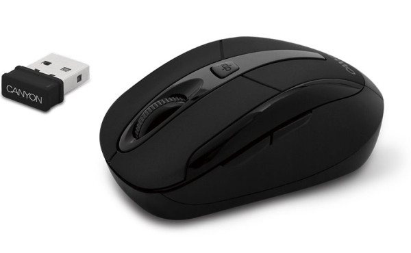 CANYON bezdrátová optická myš se 6 tlačítky, 800 DPI/ 1200 DPI/ 1600 DPI, černá 