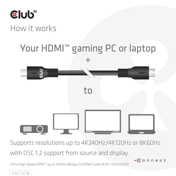Club3D Kabel HDMI, Ultra Rychlý HDMI™ Certifikovaný Cable, 4K120Hz/ 8K60Hz, 7.5m