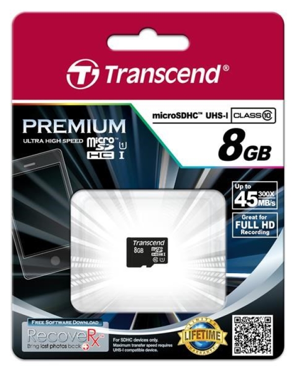 TRANSCEND MicroSDHC karta 8GB Premium, Class 10 UHS-I 300x, bez adaptéru
