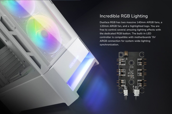 COUGAR PC skříň DUOFACE Pro White Mid Tower Airflow Front Panel TG Left Panel 2 x ARGB 140mm & 1x 120mm Fans