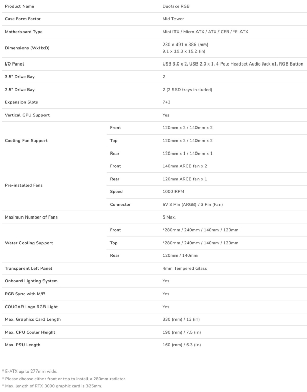 COUGAR PC skříň DUOFACE Pro White Mid Tower Airflow Front Panel TG Left Panel 2 x ARGB 140mm & 1x 120mm Fans