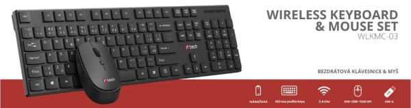 Klávesnice C-TECH WLKMC-03, bezdrátový combo set s myší, černý, USB, CZ/SK
