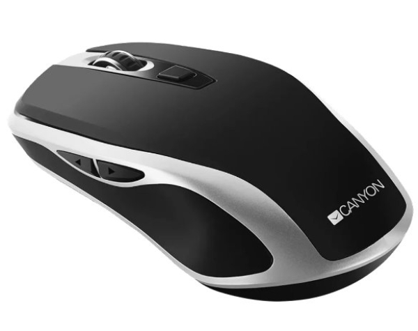 CANYON optická silent myš s bezdrátovým nabíjením, senzor Pixart, rozlišení 800/1200/1600DPI, 6 tlačítek, černo-stříbrná