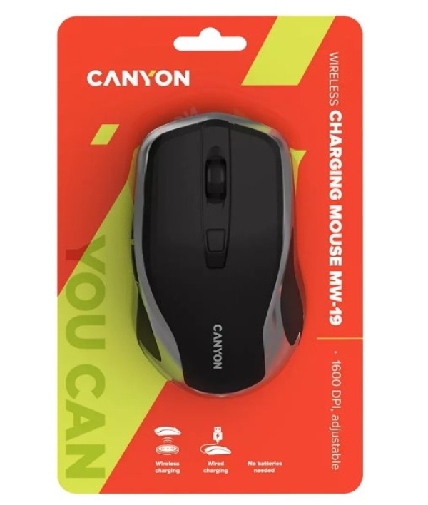 CANYON optická silent myš s bezdrátovým nabíjením, senzor Pixart, rozlišení 800/1200/1600DPI, 6 tlačítek, černo-stříbrná