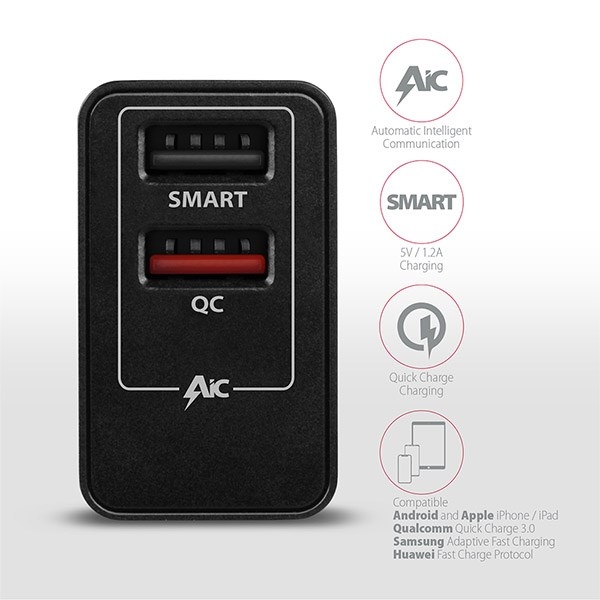 AXAGON ACU-QS24, QUICK a SMART nabíječka do sítě, 2x USB port QC3.0/AFC/FCP + 5V-1.2A, 24W