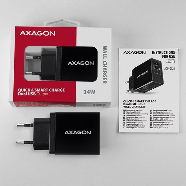 AXAGON ACU-QS24, QUICK a SMART nabíječka do sítě, 2x USB port QC3.0/AFC/FCP + 5V-1.2A, 24W