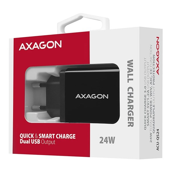 AXAGON ACU-QS24, QUICK a SMART nabíječka do sítě, 2x USB port QC3.0/AFC/FCP + 5V-1.2A, 24W