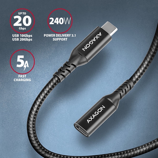 AXAGON BUCM32-CF15AB prodlužovací kabel USB-C (M) <-> USB-C (F), 1.5m, USB 20Gbps, PD 240W 5A, 8K HD, ALU, oplet, černý