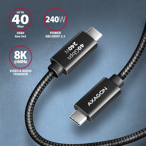 AXAGON BUCM4X-CM10AB NewGEN+ kabel USB-C <-> USB-C, 1m, USB4 Gen 3×2, PD 240W 5A, 8K HD, ALU, oplet, černý