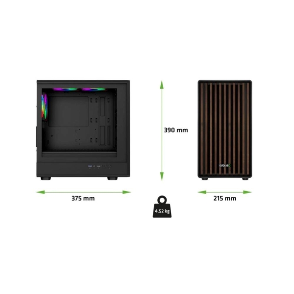 EVOLVEO Panthera, skříň mATX, 3x ARGB ventilátor 120mm, dřevěný přední panel + skleněná bočnice