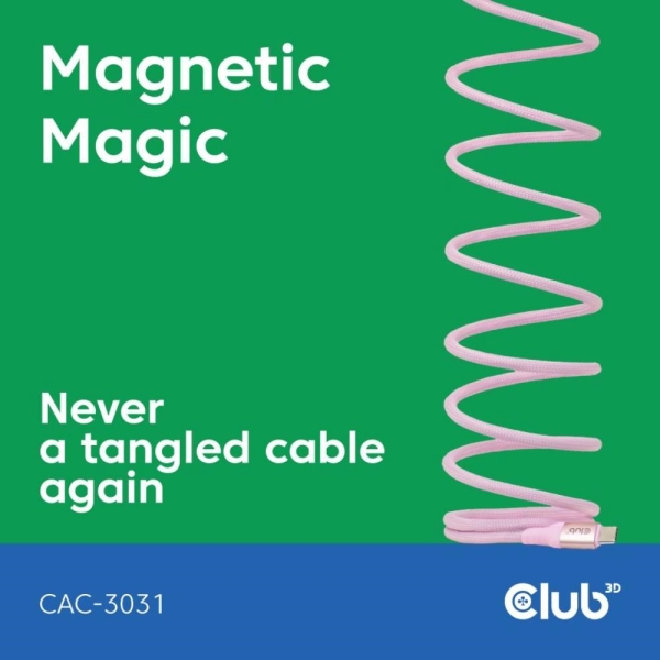Club3D Kabel magnetický USB-C, 240W PD3.1, 480 Mbps, 2m, růžová