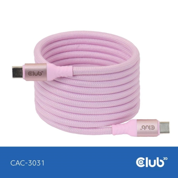 Club3D Kabel magnetický USB-C, 240W PD3.1, 480 Mbps, 2m, růžová
