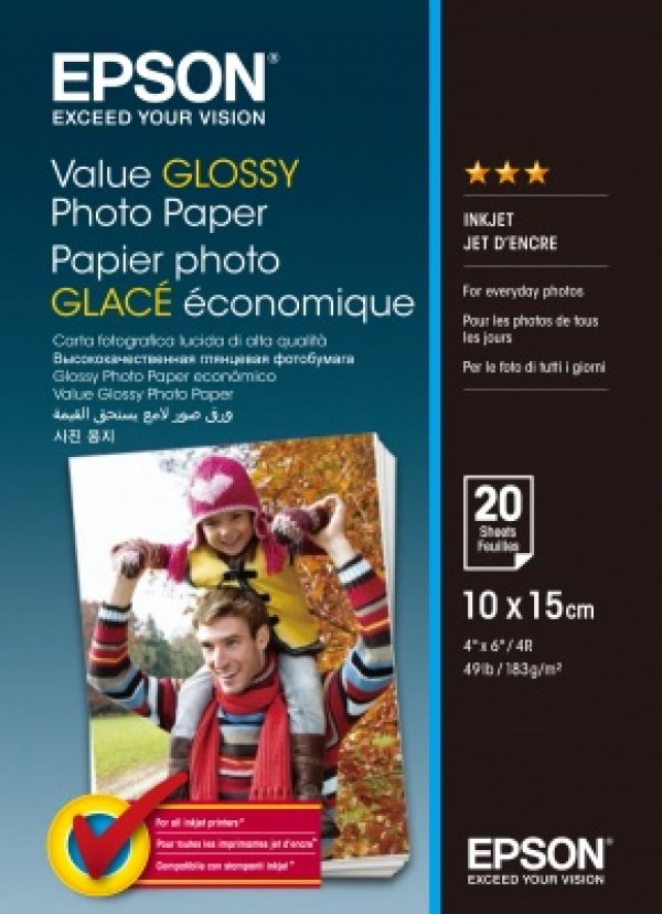 Epson Value Glossy Photo Paper, foto papír, lesklý, bílý, 10x15cm, 183 g/m2, 20 ks, C13S400037, inkoustový