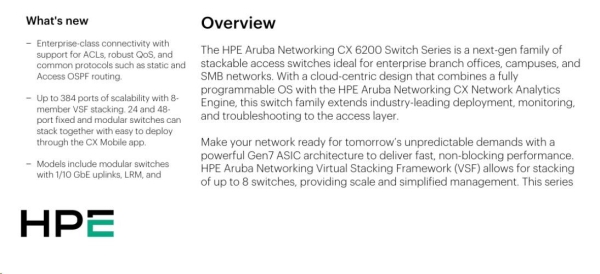 HPE Aruba Networking CX 6200F 24G Class4 PoE 4SFP+ 370W Switch JL725A RENEW