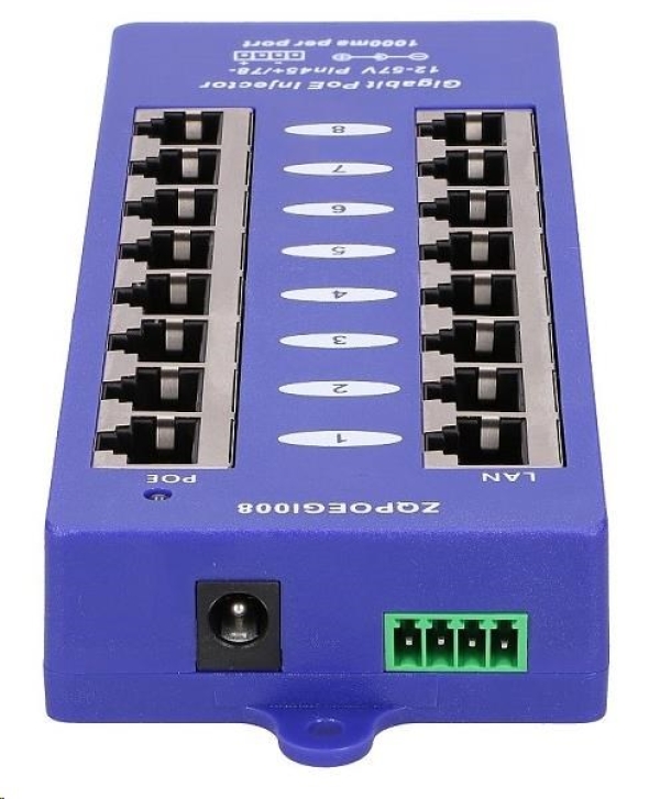 POE injektor pasivní - 8x 1 Gb/s, stíněný, svorkovnice
