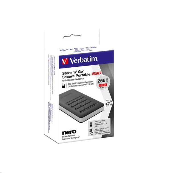 SSD Verbatim 2.5", USB 3.0 (3.2 Gen 1), 256GB, GB, Store N Go Secure, 53402, šifrovaný, s numerickou klávesnicí, konektor USB-C, G