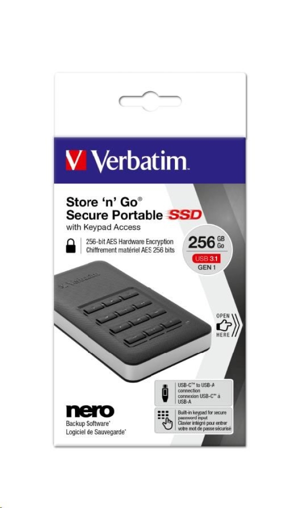 SSD Verbatim 2.5", USB 3.0 (3.2 Gen 1), 256GB, GB, Store N Go Secure, 53402, šifrovaný, s numerickou klávesnicí, konektor USB-C, G