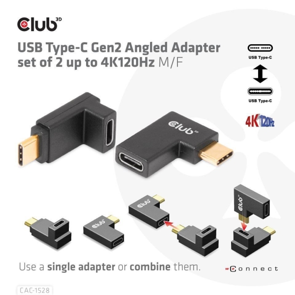 Club3D set adapterů USB-C Gen2 angled adapter set of 2, 4K120Hz, 240W, (M/F)