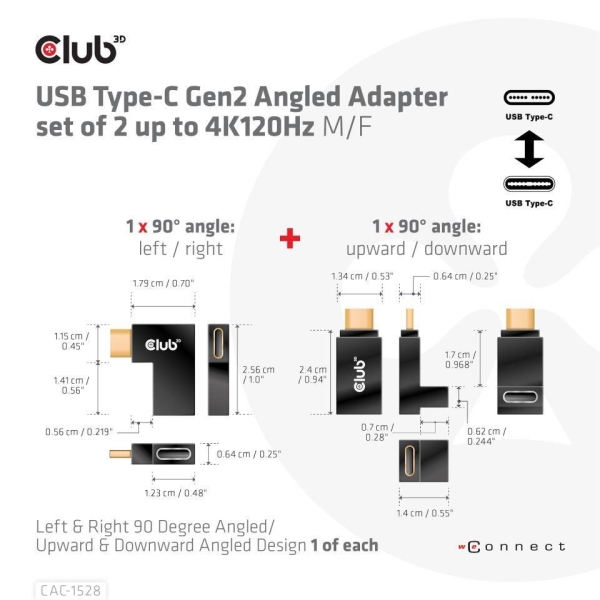 Club3D set adapterů USB-C Gen2 angled adapter set of 2, 4K120Hz, 240W, (M/F)