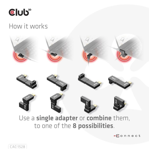 Club3D set adapterů USB-C Gen2 angled adapter set of 2, 4K120Hz, 240W, (M/F)