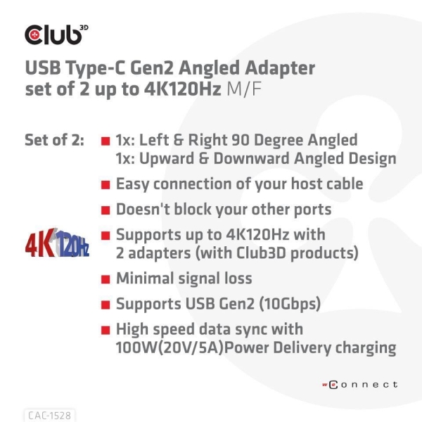 Club3D set adapterů USB-C Gen2 angled adapter set of 2, 4K120Hz, 240W, (M/F)