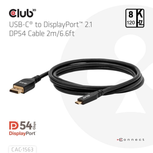 Club3D Kabel USB-C na DisplayPort 2.1 DP54 Bi-Directional, 8K120Hz, 4K480Hz, 2m