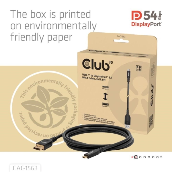 Club3D Kabel USB-C na DisplayPort 2.1 DP54 Bi-Directional, 8K120Hz, 4K480Hz, 2m