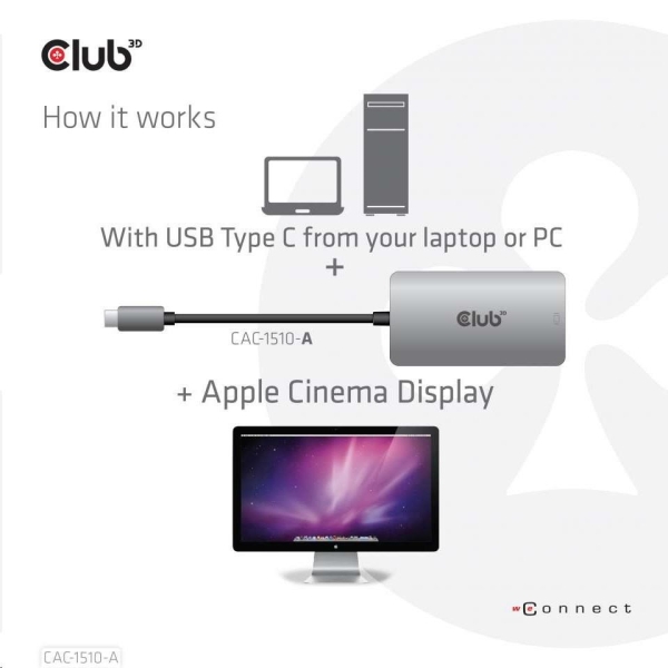 Club3D Adaptér aktivní USB 3.2 typ C na DVI-D Dual Link 4K30Hz pro Apple Cinema Display, HDCP off