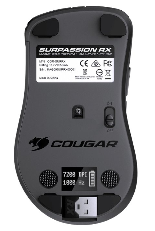 COUGAR herní myš bezdrátová SURPASSION RX 2.4GHz čip PMW3330 72000dpi RGB LED, LCD screen
