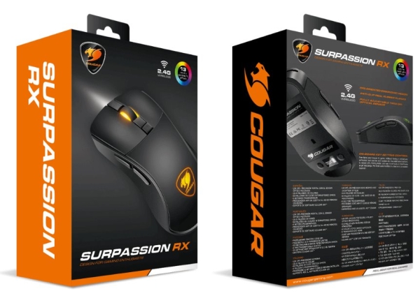 COUGAR herní myš bezdrátová SURPASSION RX 2.4GHz čip PMW3330 72000dpi RGB LED, LCD screen