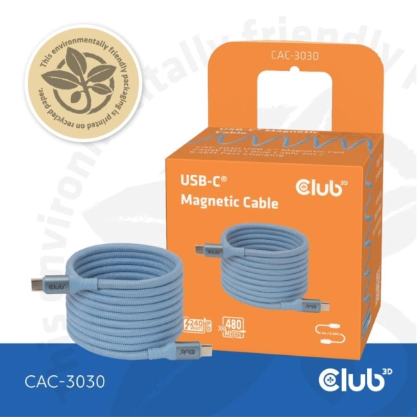 Club3D Kabel magnetický USB-C, 240W PD3.1, 480 Mbps, 2m, modrá