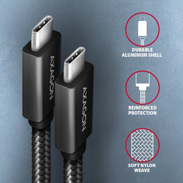 AXAGON BUCM32-CM10AB, SPEED+ kabel USB-C <-> USB-C, 1m, USB 3.2 Gen 2, PD 100W 5A, 4k HD, ALU, oplet, černý