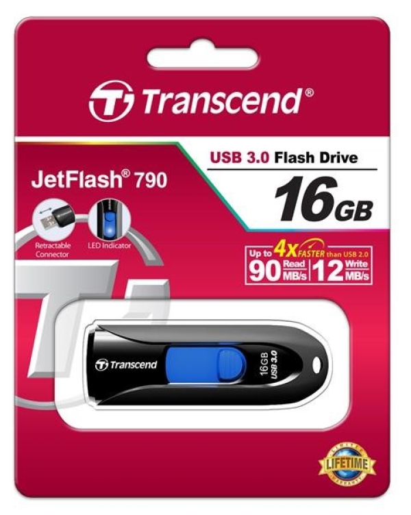 TRANSCEND USB Flash Disk 16GB JetFlash®790, USB 3.1 (R:90/W:12 MB/s) černá/modrá