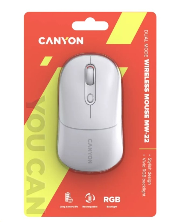 CANYON myš optická bezdrátová MW-22, RGB, 800/1200/1600 dpi, 4 tl, BT+2,4GHz, baterie 650mAh, snow white