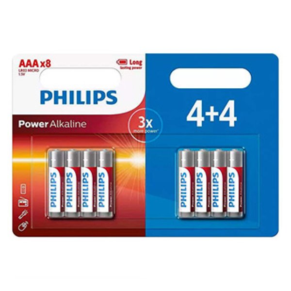 Baterie alkalická, AAA (LR03), AAA, 1.5V, PHILIPS, blistr, 8-pack, LR03P8BP/10, Power Alkaline, 4+4?v=1750075202