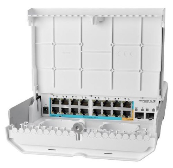 MikroTik Cloud Router Switch CRS318-1Fi-15Fr-2S-OUT, 800MHz CPU, 256MB, 16x10/100 (PoE-in,1x out),2xSFP, vč.L5, venkovní