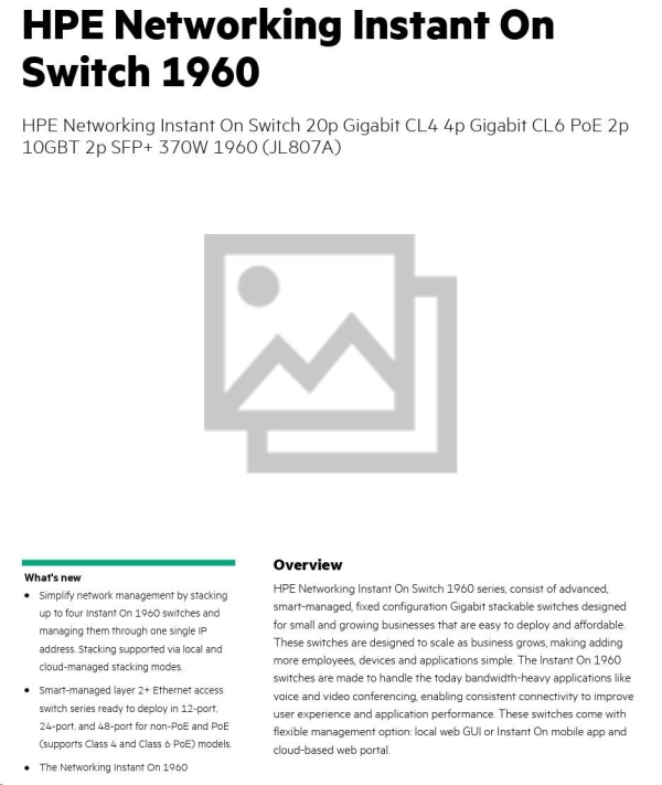 Aruba Instant On 1960 24G PoE (20pClass4 + 4pClass6) 2XGT 2SFP+ 370W Switch