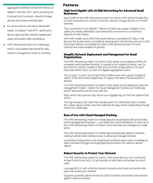 Aruba Instant On 1960 24G PoE (20pClass4 + 4pClass6) 2XGT 2SFP+ 370W Switch