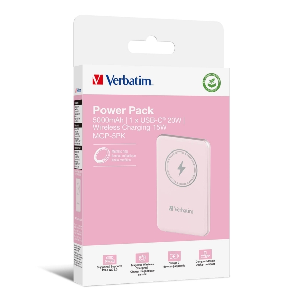 VERBATIM Powerbanka Charge 'n' Go, Magnetická, 5000 mAh, USB-C, Růžová