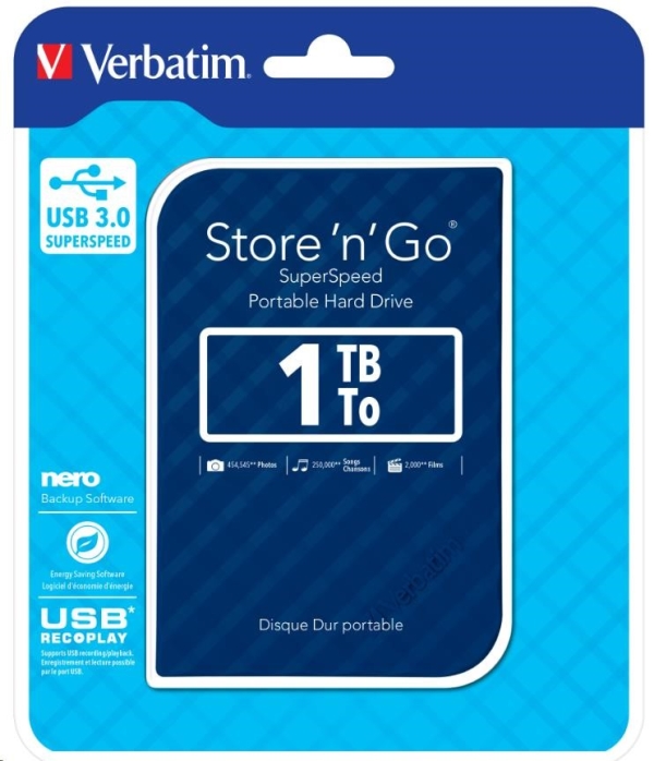 VERBATIM HDD 2.5" 1TB Store 'n' Go Portable Hard Drive USB 3.0, Blue GEN II