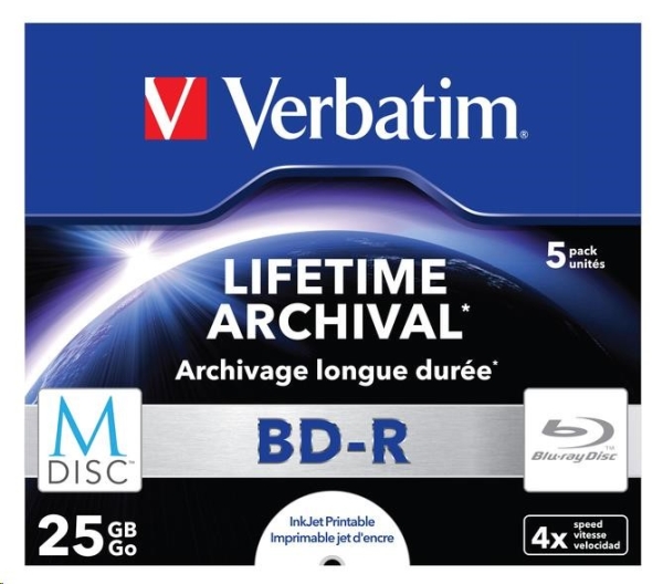 VERBATIM Blu-ray BD-R M-Disc 25GB 4x Printable jewel box, 5ks/pack