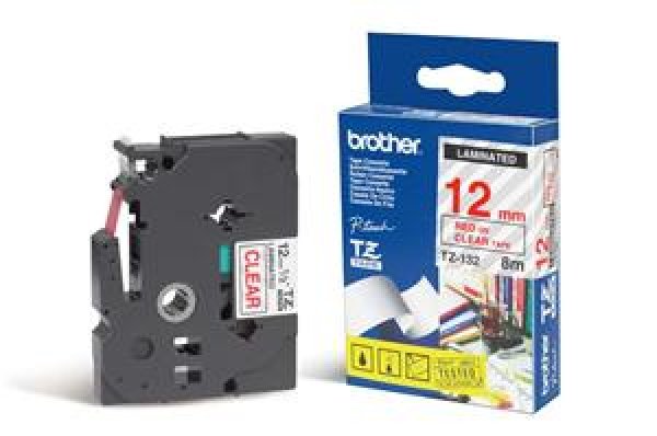 Brother TZe-132 - Červená na průsvitné - Role (1,2 cm x 8 m) 1 kazeta/y lamino páska - pro Brother PT-D210, D600, H110, P750, P950; P-Touch Cube PT-P300; P-Touch Cube Pro PT-P910