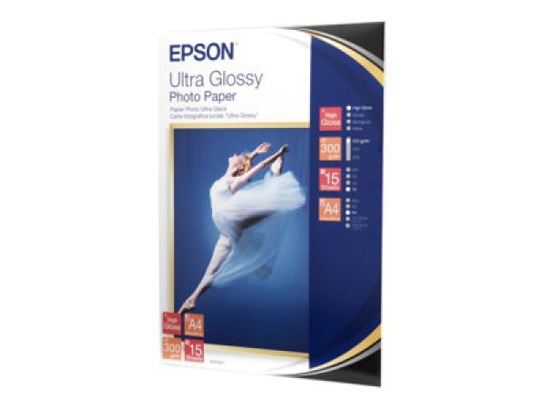 Epson Ultra Glossy Photo Paper, foto papír, lesklý, bílý, R200, R300, R800, RX425, RX500, A4, 300 g/m2, 15 ks, C13S041927, inkoust