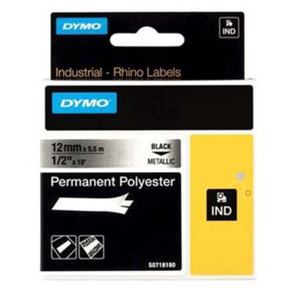 Dymo originální páska do tiskárny štítků, Dymo, 18486, černý tisk/metalický podklad, 5.5m, 12mm, RHINO permanentní polyesterová D1?v=1750075202