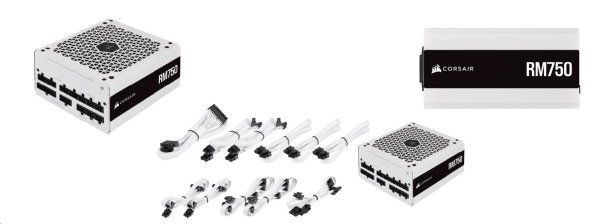 CORSAIR zdroj 750W RM750 WHITE 80Plus GOLD modulární (bílý model 2021) certifikace s aktivnim PFC, tichý režim bez točení ventilátoru (semi-pasivní zdroj, ventilátor 140 mm)