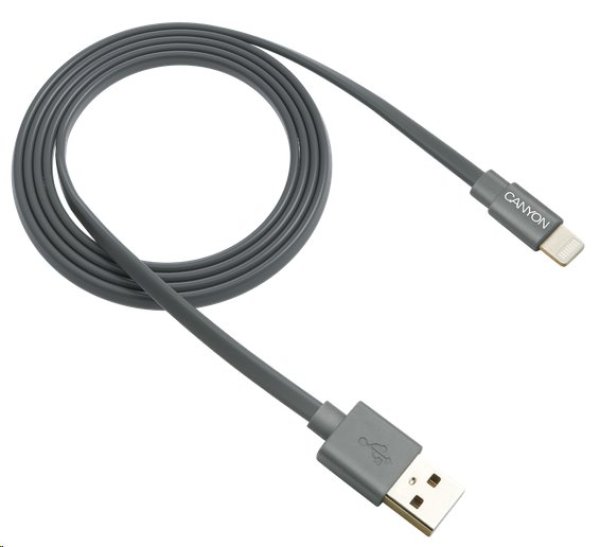 CANYON nabíjecí kabel Lightning MFI-2, plochý, Apple certifikát, délka 1m, tmavě šedá
