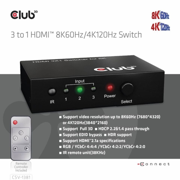Club3D Switch 1:3 HDMI 8K60Hz/4K120Hz, 3 porty