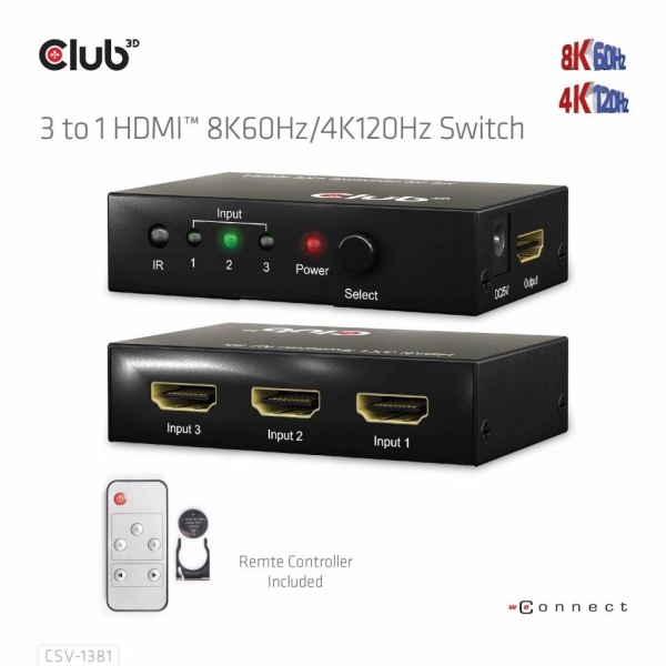 Club3D Switch 1:3 HDMI 8K60Hz/4K120Hz, 3 porty