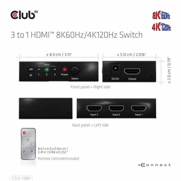 Club3D Switch 1:3 HDMI 8K60Hz/4K120Hz, 3 porty